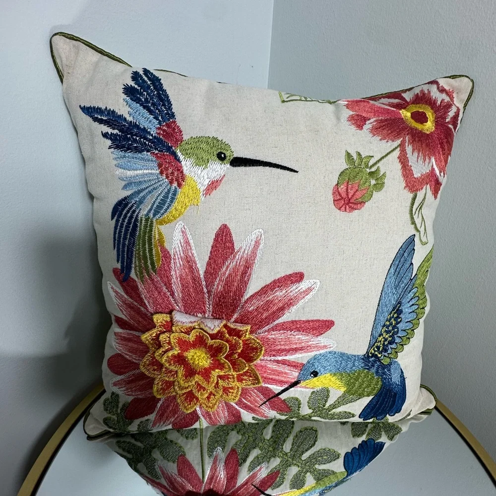 Pier 1 Decorative Embroidered Hummingbird Summer Tropical Throw Pillow - Picture 3 of 13